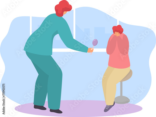 Caucasian woman getting an eye exam, optometrist testing patient s vision. Eye health and vision care checkup vector illustration.