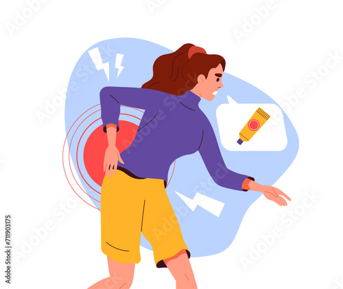 Woman with back ache concept. Young girl with illness and disease. Problems with health and loin. Overloaded muscles. Cartoon flat vector illustration isolated on white background