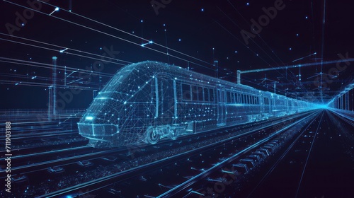 Abstract polygonal 3d wireframe of modern train at railway station or metro. Digital vector mesh looks like starry sky. Rapid transit system, transportation, railway logistics concept in dark blue