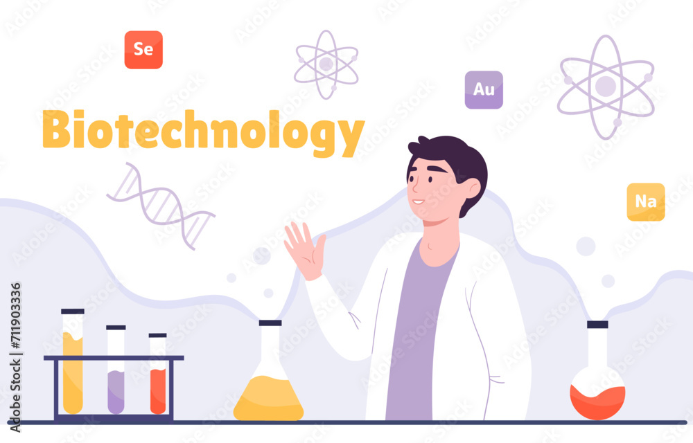Man with biotechnology. Young guy in medical coat conduct scientific research. Scientist with flasks with reagents in laborathory. Education and learning. Cartoon flat vector illustration Man with biotechnology. Young guy in medical coat conduct scientific research. Scientist with flasks with reagents in laborathory. Education and learning. Cartoon flat vector illustration