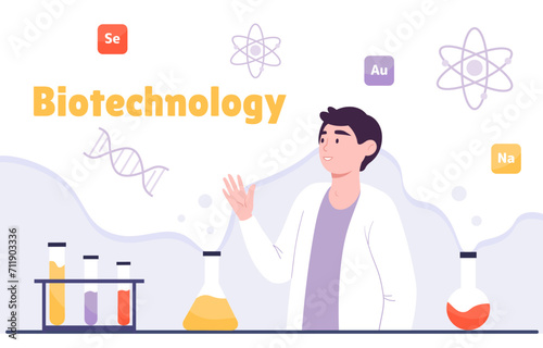 Man with biotechnology. Young guy in medical coat conduct scientific research. Scientist with flasks with reagents in laborathory. Education and learning. Cartoon flat vector illustration