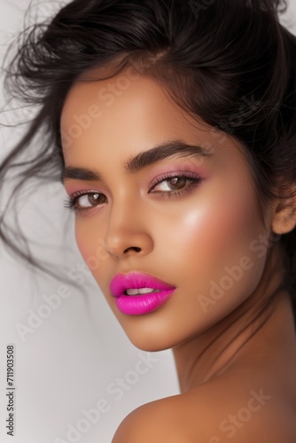 Generated imageBeautiful Indian woman with pink lips and eye shadow on a white background