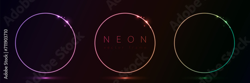 Set of glowing neon color circles round curve shape with wavy dynamic lines isolated on black background technology concept. Circular light frame border for badges, price tag, label cards, logo design