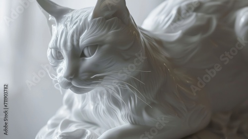 Figure of cat. Sculpture made of white plastic. Interior details. Item for decoration