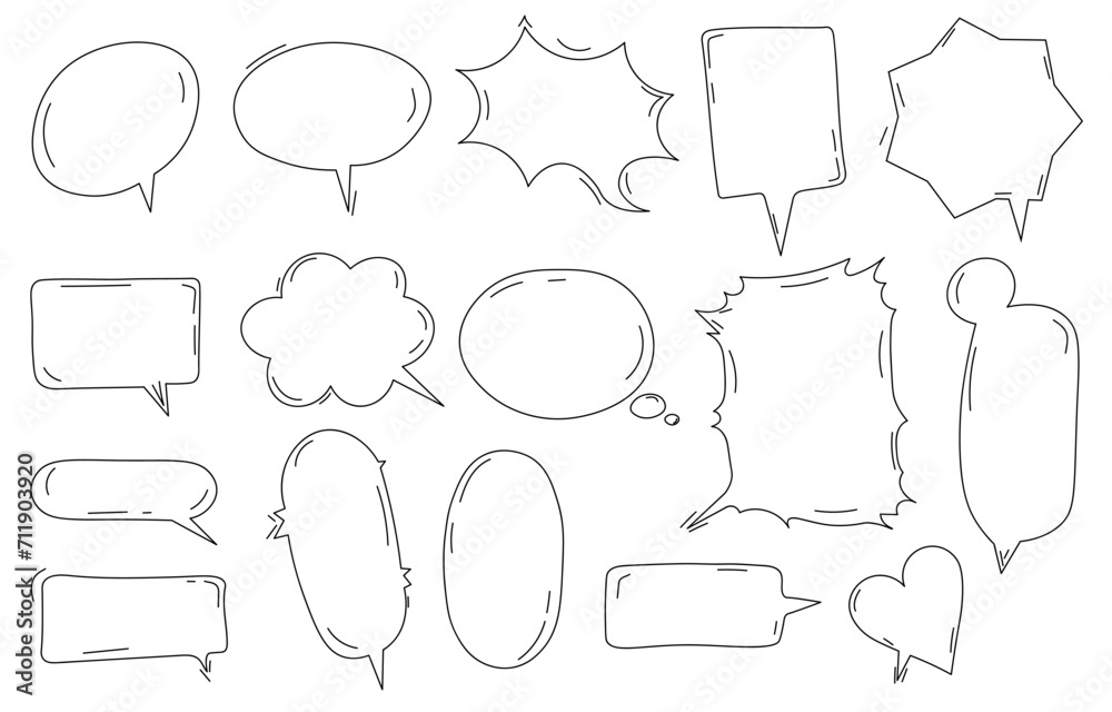 Obraz premium Speech bubbles sketch set. Template for comics. Communication and interaction. Blank and empty space for text. Dialogue and chat. Linear flat vector collection isolated on white background