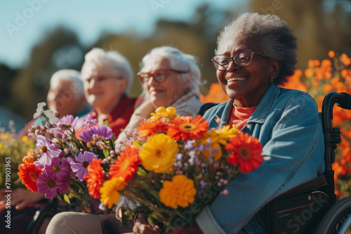 Diverse senior women in wheelchairs share joy with flowers on International Women's Day. © visual_ideas