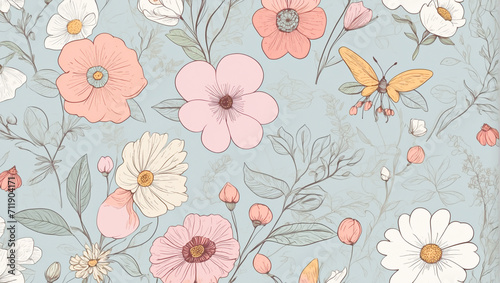 Background of an illustrated flower pattern in hand drawing style. Spring concept.