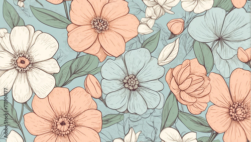 Background of flowers illustrated with pastel colors and dark outline. Seamless pattern .