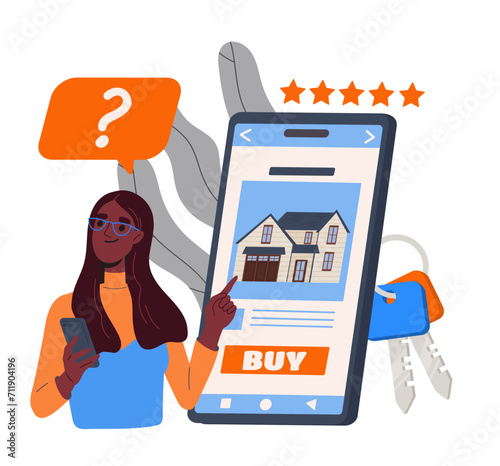 Woman buying apartment concept. Young girl with mobile application for smartphone. Custmer buy real estate and private property. Trading and investment. Cartoon flat vector illustration