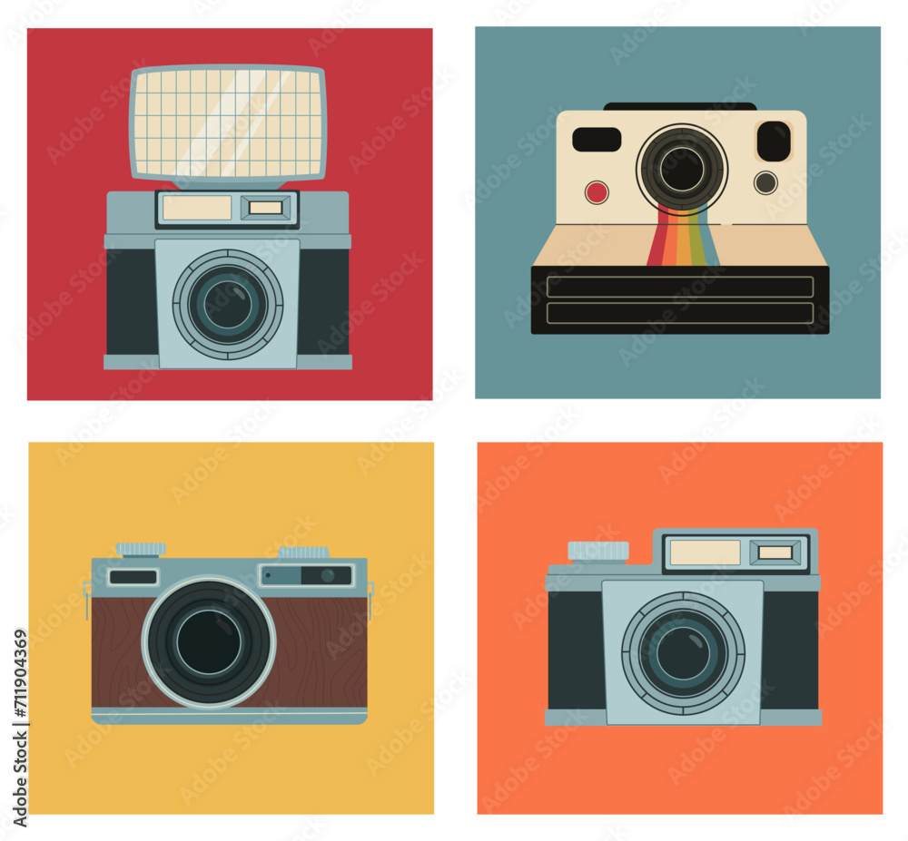Set of cameras. Pack of posters with photocameras. Papparazzi and photographer equipment. Retro objects to taking photography. Cartoon flat vector collection isolated on white background Set of cameras. Pack of posters with photocameras. Papparazzi and photographer equipment. Retro objects to taking photography. Cartoon flat vector collection isolated on white background