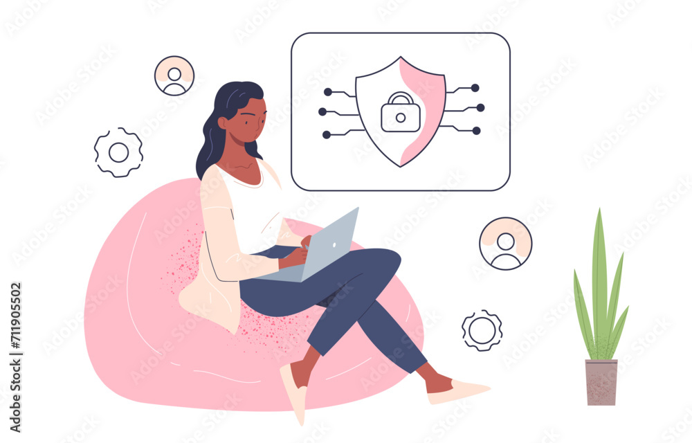 Data access linear concept. Woman with laptop sitting at chair. Protection of personal data and safety on internet. Corporate servers and electronic storage, archive. Doodle flat vector illustration