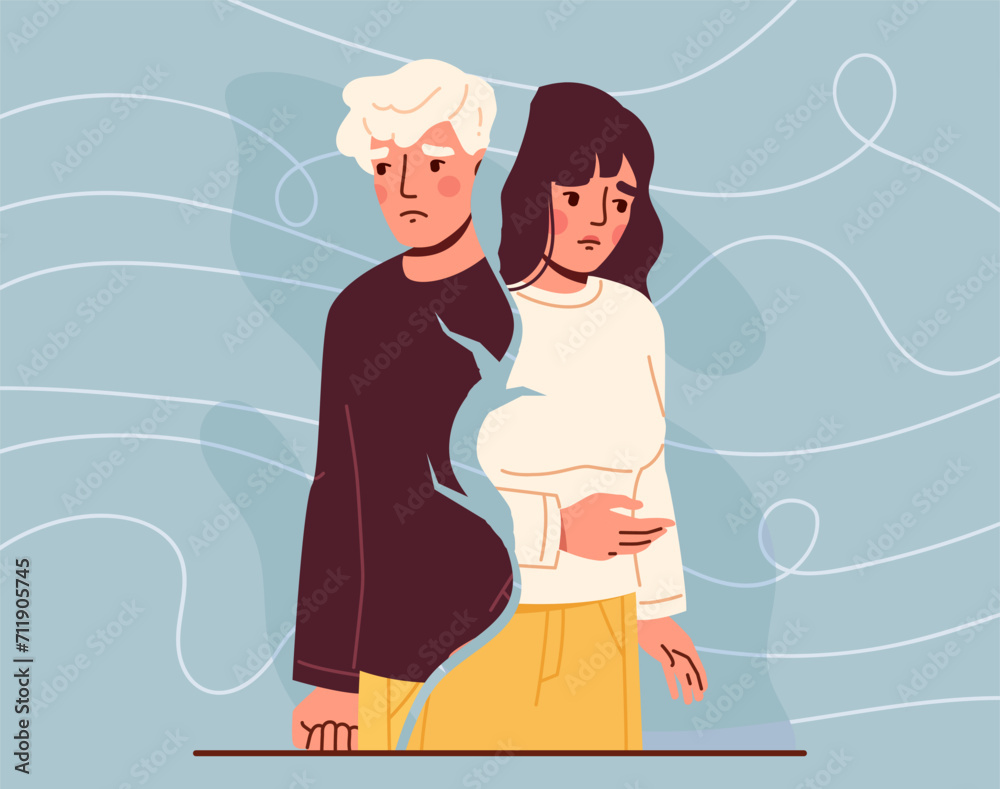 Couple divorce concept. Man and woman after break up. Bad romance and love end. Sad young guy and girl. Frustration and depression, loneliness. Cartoon flat vector illustration Couple divorce concept. Man and woman after break up. Bad romance and love end. Sad young guy and girl. Frustration and depression, loneliness. Cartoon flat vector illustration