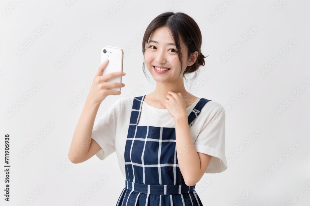 スマートフォンを操作しながら喜んでいる(笑顔の)エプロン姿の日本人美女 スマートフォンを操作しながら喜んでいる(笑顔の)エプロン姿の日本人美女