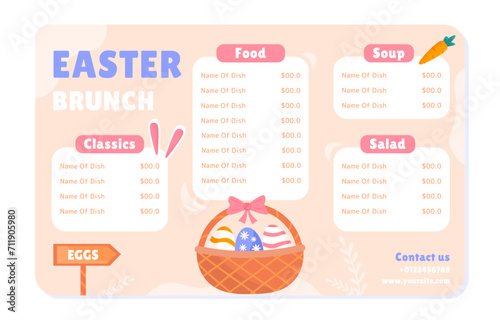 Easter menu template. List for recipes and ingredients. Basket with colorful eggs. Traditional spring religious holiday. Cartoon flat vector illustration isolated on white background