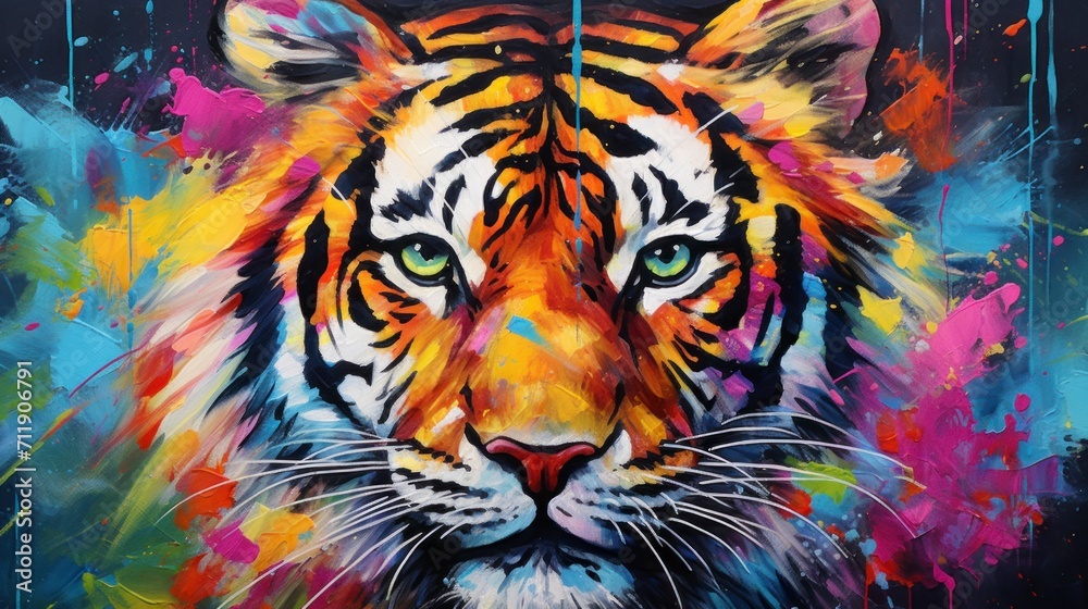 beautiful painting of a tiger with many bright colors