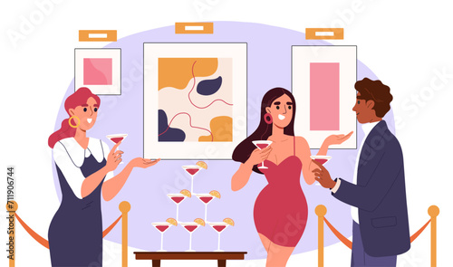 Exhibition of paintings concept. Man and women discuss art objects in museum. Cultural rest and leisure. People talk in gallery. Cartoon flat vector illustration isolated on white background