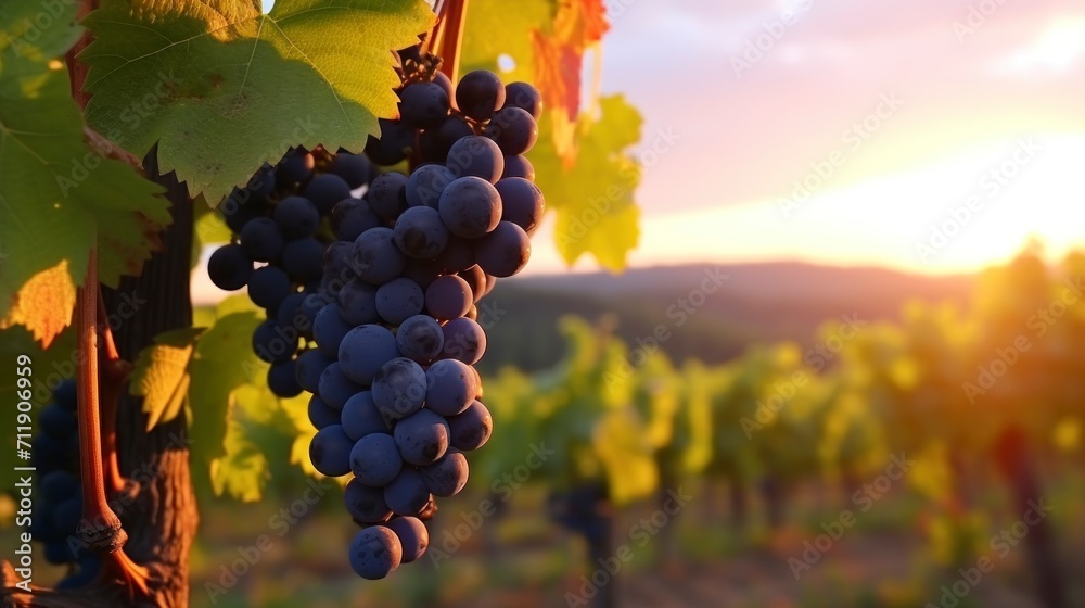 delicious grapes in a vineyard hanging from their branch with a sunset in the background