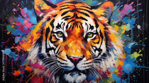 beautiful painting of a tiger with many realistic neon colors