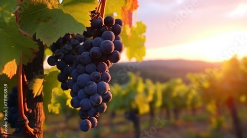 delicious grapes in a vineyard hanging from their branch with a sunset in the background