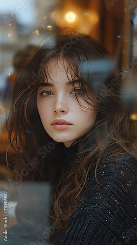 medium shot of attractive french girl in a city modern cafe on our first date, brunette, casual smirk, reflections trough a window of another person walking - generative ai
