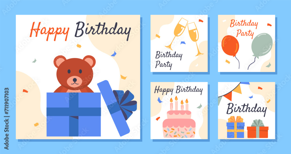 Happy birthday posters set. Teddy bear in gift boxes. Annual event and holiday, festival. Cake wirh candles and colorful balloons. Cartoon flat vector collection isolated on blue background Happy birthday posters set. Teddy bear in gift boxes. Annual event and holiday, festival. Cake wirh candles and colorful balloons. Cartoon flat vector collection isolated on blue background