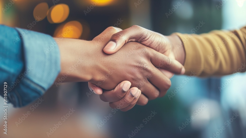 Close-up of a handshake between two individuals of different ethnicities, symbolizing diversity and unity, mixed race