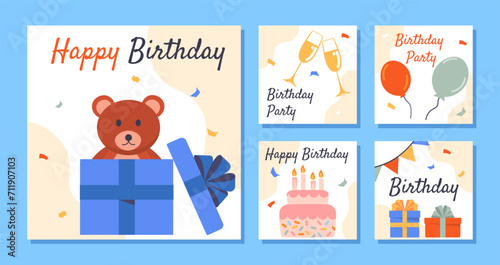 Happy birthday posters set. Teddy bear in gift boxes. Annual event and holiday, festival. Cake wirh candles and colorful balloons. Cartoon flat vector collection isolated on blue background photo