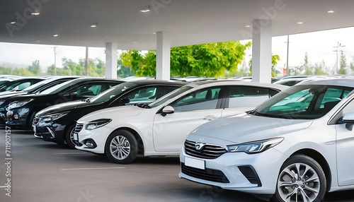 Car parked at outdoor parking lot. Used car for sale and rental service. Car insurance background. Automobile parking area. Car dealership and dealer agent concept. Automotive industry.