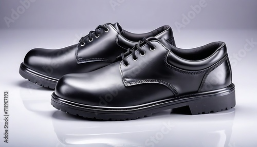 Pair of black safety leather shoes isolated on white background. Work shoes for men in factory or industry to protect foot from accident. Safety footwear. Oil and acid resistant shoes.