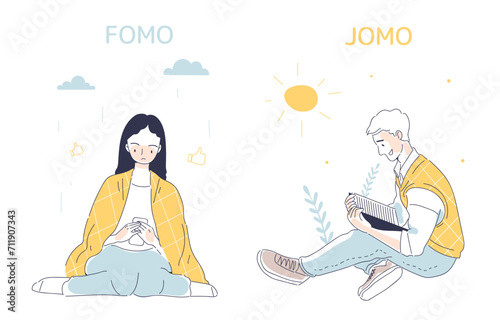 Fomo and jomo syndrome linear. Man and woman with different mental ways to cope with stress. Psychological infographics. Doodle flat vector illustration isolated on white mackground