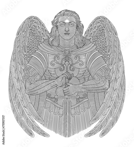 Archangel michael holding sword, Vintage engraving drawing style illustration photo