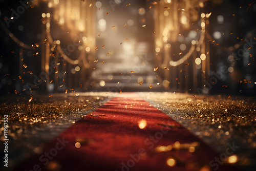 Awards show dark red carpet path with a golden barrier, celebrity's event realistic composition.