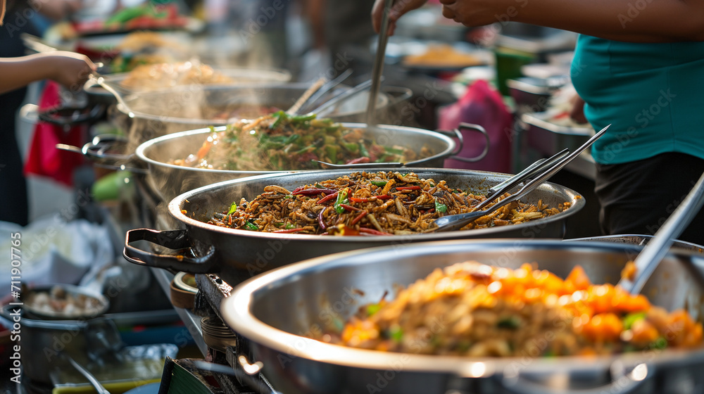Various international dishes being prepared and sold