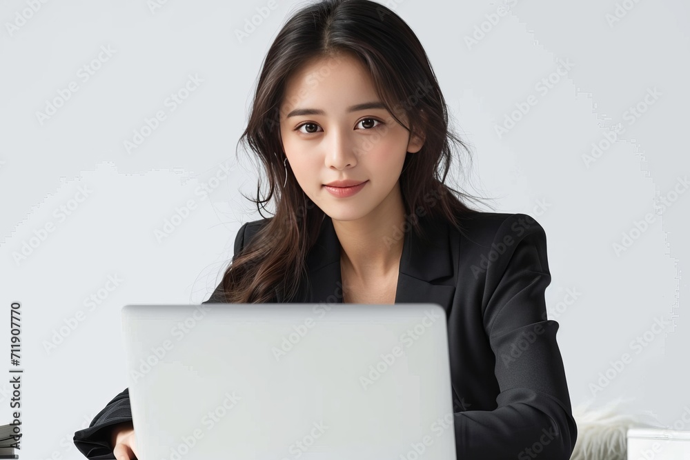 Good looking black suit of young Asian woman doing business activities using realistic laptop computer, isolated on grey background for clean and professional look. Good looking black suit of young Asian woman doing business activities using realistic laptop computer, isolated on grey background for clean and professional look.