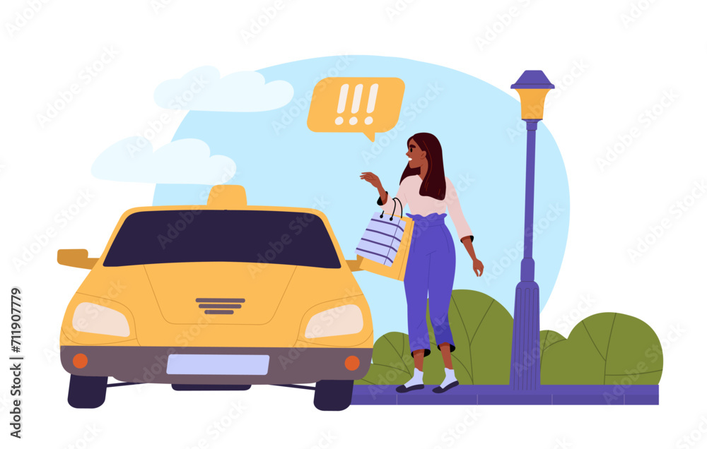 Girl calls taxi concept. Woman waiting for yellow car. Urban infrastructure. Travel and trip. Tourist in holiday or at vacation. Cartoon flat vector illustration isolated on white background