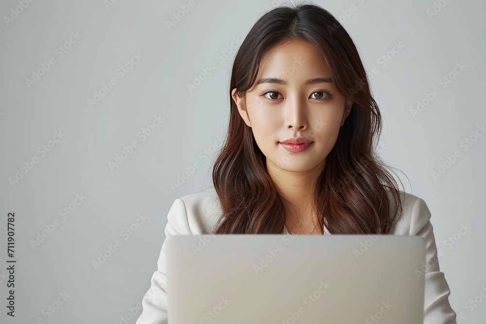 Beautiful Asian woman in white suit doing business activities using realistic laptop computer, isolated on white background for clean and professional look. Beautiful Asian woman in white suit doing business activities using realistic laptop computer, isolated on white background for clean and professional look.