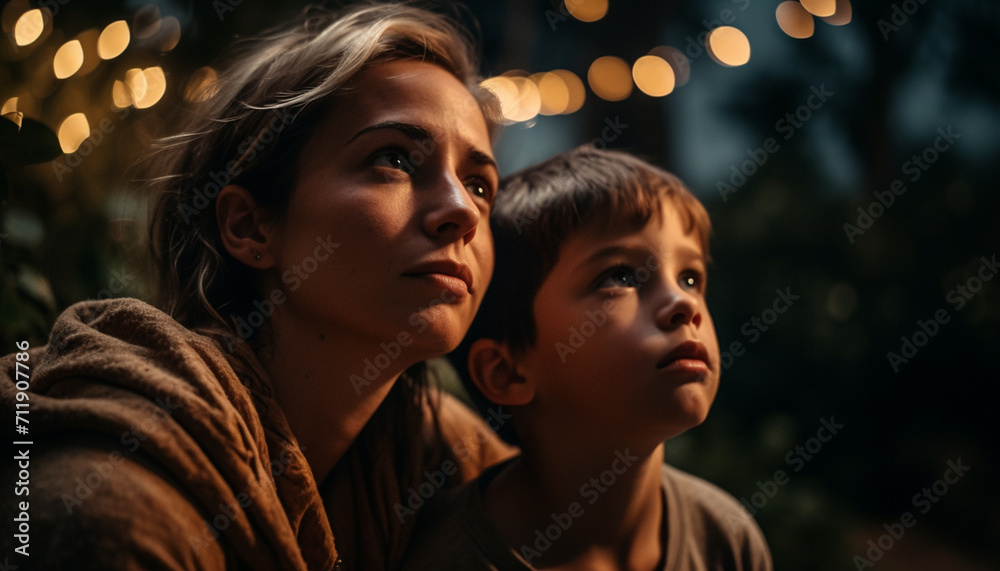 A mother and son smiling, illuminated by Christmas lights at night generated by AI
