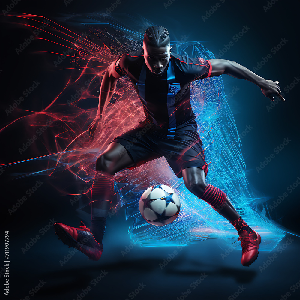 Soccer player in the movement with the ball, ai generated	
