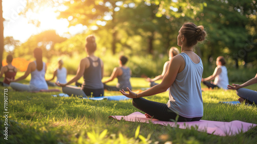 Group of people practicing yoga in a serene outdoor setting photo