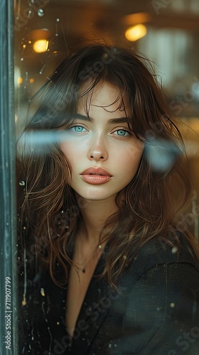 medium shot of attractive french girl in a city modern cafe on our first date, brunette, casual smirk, reflections trough a window of another person walking - generative ai