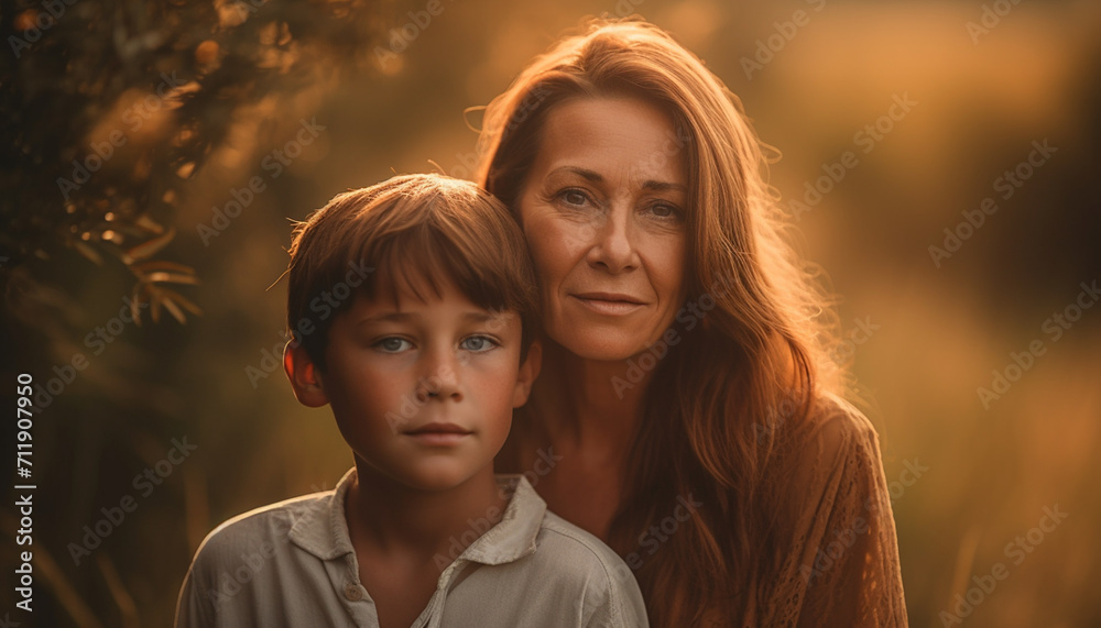 Obraz premium A happy family enjoying nature outdoors, smiling and embracing together generated by AI