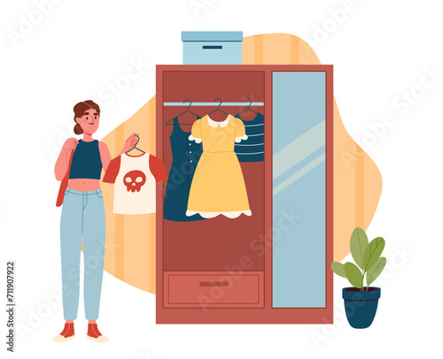Girl in wardrobe concept. Woman near closet with clothes. Fashion, trend and style. Character choose outfit. Person with outwear indoor. Aesthetics and elegance. Cartoon flat vector illustration