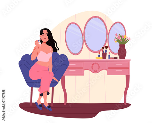 Girl in front of mirrors. Young woman with make up look at reflections. Character apply cosmetics to face. Beauty, elegance and aesthetics. Self love and acceptance. Cartoon flat vector illustration