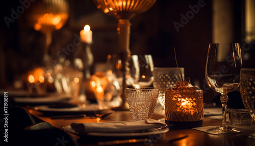 Luxury celebration candlelight  wineglass  elegance  illuminated  romance  silverware  glass  decor  party generated by AI