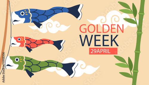 Golden week poster. Red, green and blue fishes at fishing rob. Active lifestyle and leisure, colorful animals with scales. Traditional holiday. Landing page design. Cartoon flat vector illustration