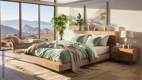 Modern bedroom interior with a large bed, a rug, a plant, and a view of the mountains
