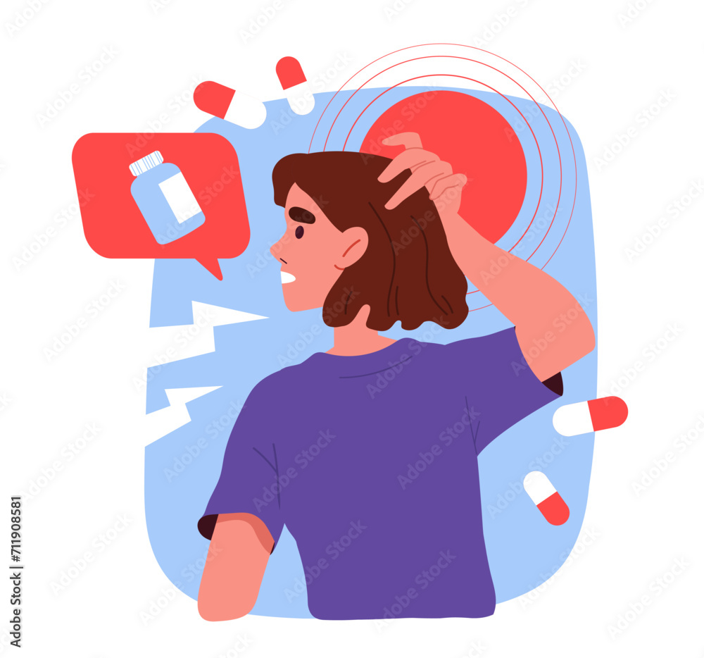 Woman with head ache. Young girl suffer from migraine. Illness and disease. Character with dementia. Health care and treatment. Cartoon flat vector illustration isolated on white background Woman with head ache. Young girl suffer from migraine. Illness and disease. Character with dementia. Health care and treatment. Cartoon flat vector illustration isolated on white background