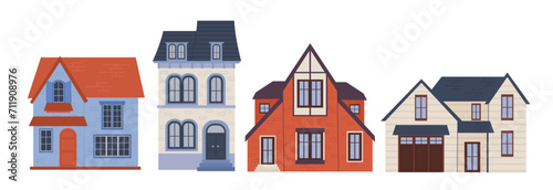 Set of houses concept. Urban architecture and buildings. Towhouse and cottage. Facade and exterior of homes. Red and grey buildings. Cartoon flat vector collection isolated on white background