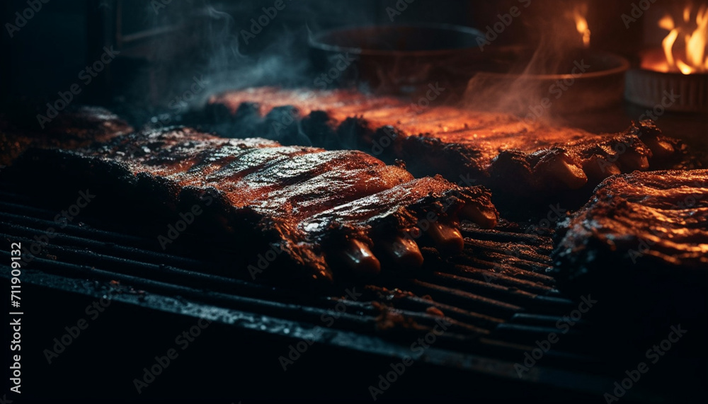 Grilled steak on a plate, a delicious outdoor barbecue meal generated by AI