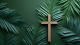 Palm Sunday, Christians to welcome Jesus Christ, cross crucifix, church christian catholic trust believe faith, happy easter, leaves, grass, wood, banner copy space greeting card background.